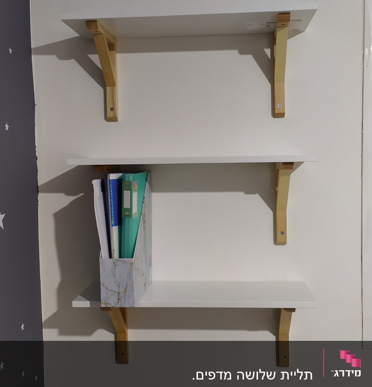 שלושה מדפים לבנים עם תומכים מעץ על קיר